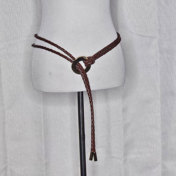 Vintage 90's Boho Flexible Braided Leather Goldtone Hardware Ring Tubular Belt - Picture 6 of 9